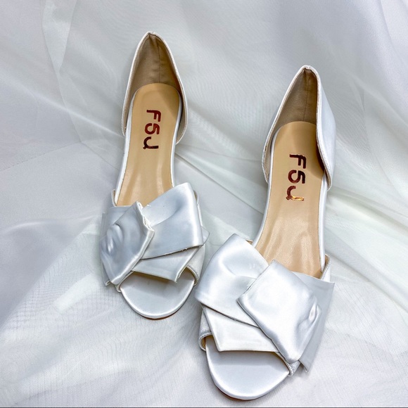 FSJ Shoes - Kitten Heel Bowknot Satin Pumps Wedding Shoes